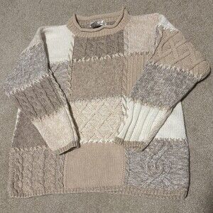 VTG Debra Lubell Womens Patchwork Embroider Knit Sweater Mockneck Cream Tan Sz L
